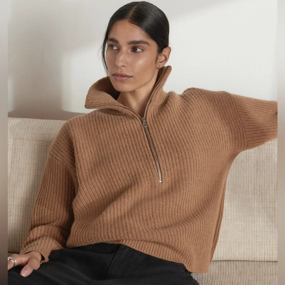 EVERLANE The Felted Merino Half-Zip Sweater Deep Camel Chunky Soft Medium NEW